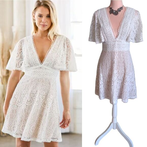 Lulu's Make My Wish White Crochet Lace Flutter Sleeve Mini Dress Medium - Picture 1 of 17